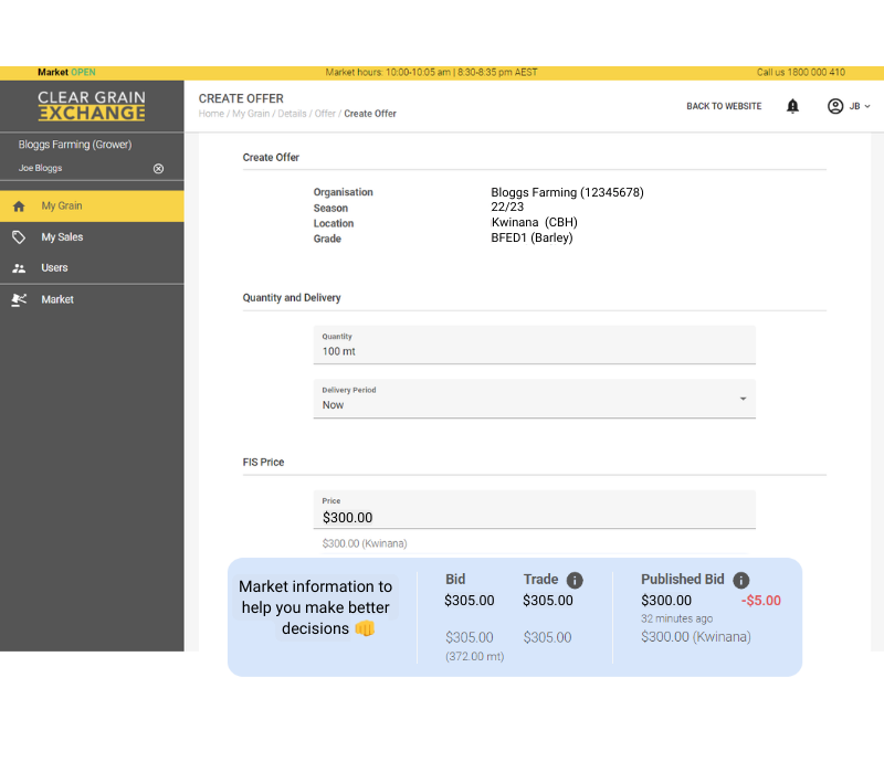 creating an offer on CGX