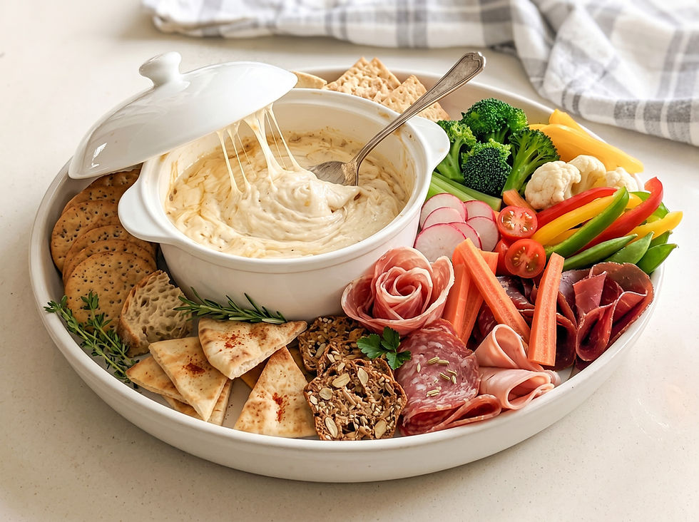 Trempette chaude au fromage et aux oignons caramélisés