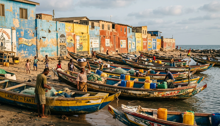 Eye-level view of fishing boats and painted walls in Jamestown, Accra.