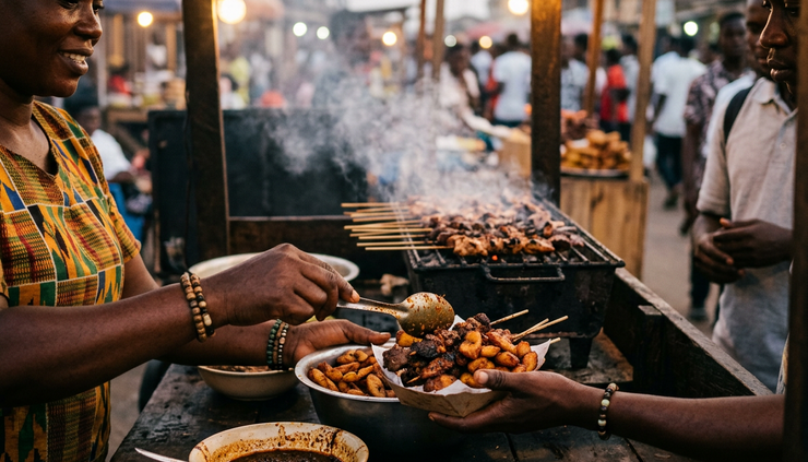 Close-up view of grilled meat and kelewele at a Ghanaian night food stand