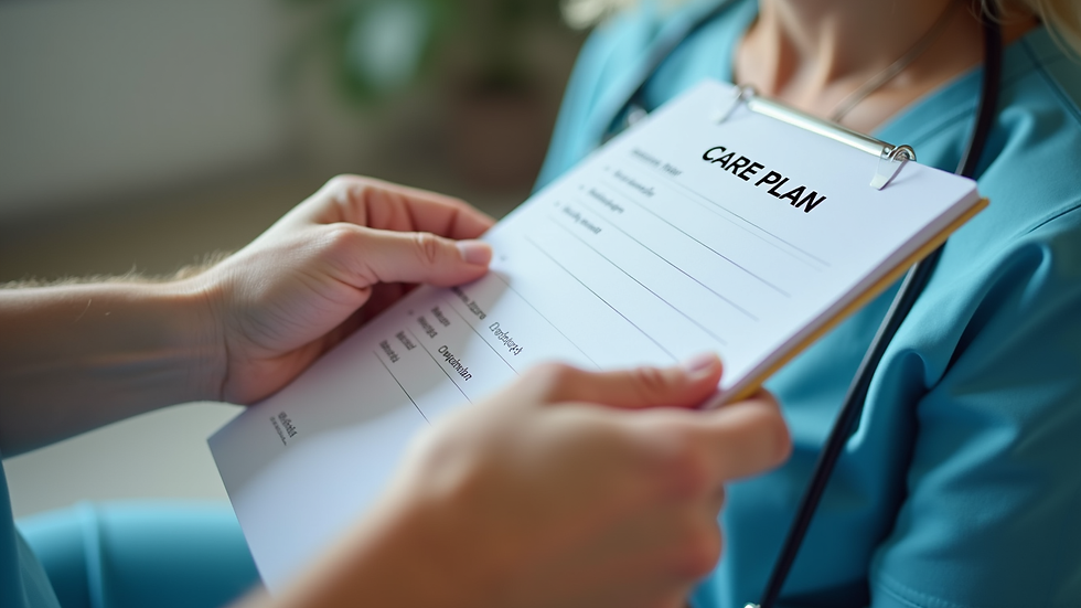 Close-up view of a caregiver’s hands holding a notebook with a care plan