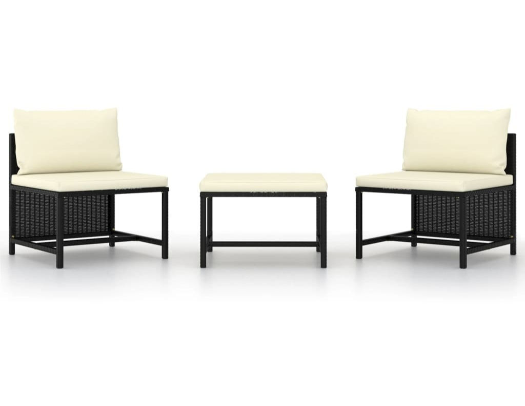 3 Piece Patio Sofa Set with Cushions Black Poly Rattan