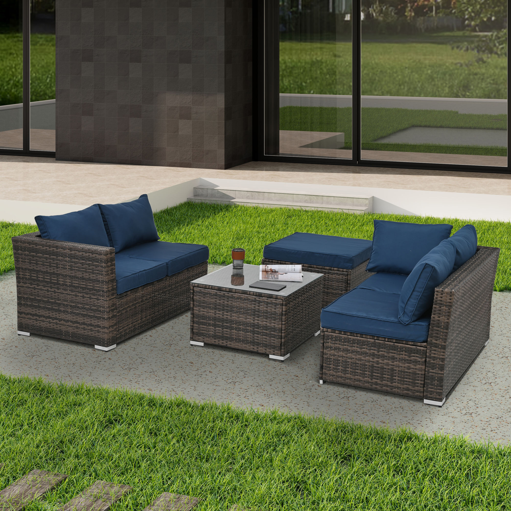 4 Set Wicker Furniture With Tempered Glass Coffee Table