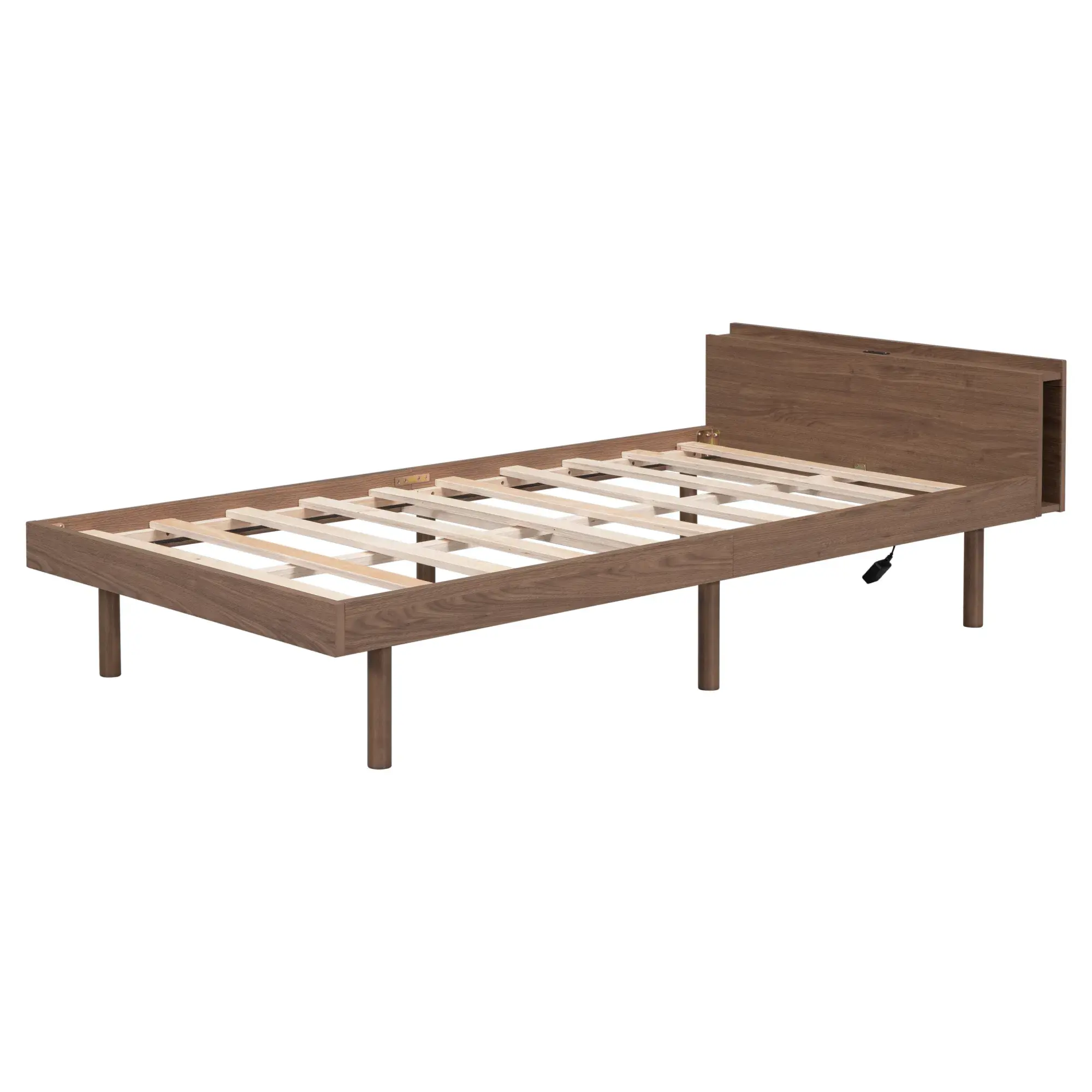 Modern Design Twin Size Platform Bed Frame with Built-in USB port for Walnut Col