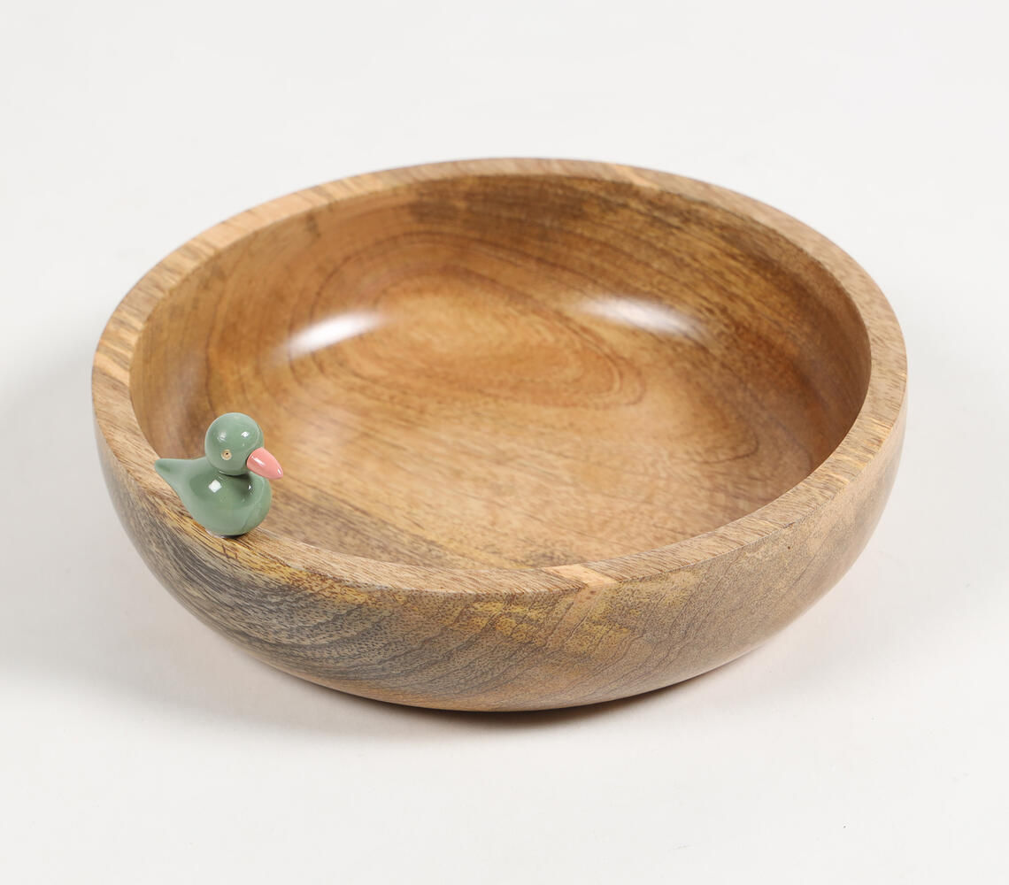 Turned Mango Wood Classic Bowl with Bird Figurine