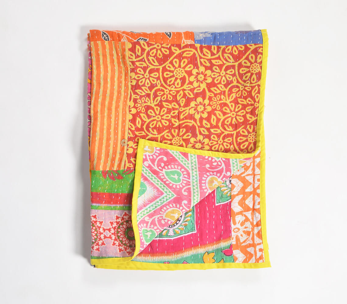 Patchwork & Kantha Embroidered Cotton Throw with Yellow Border