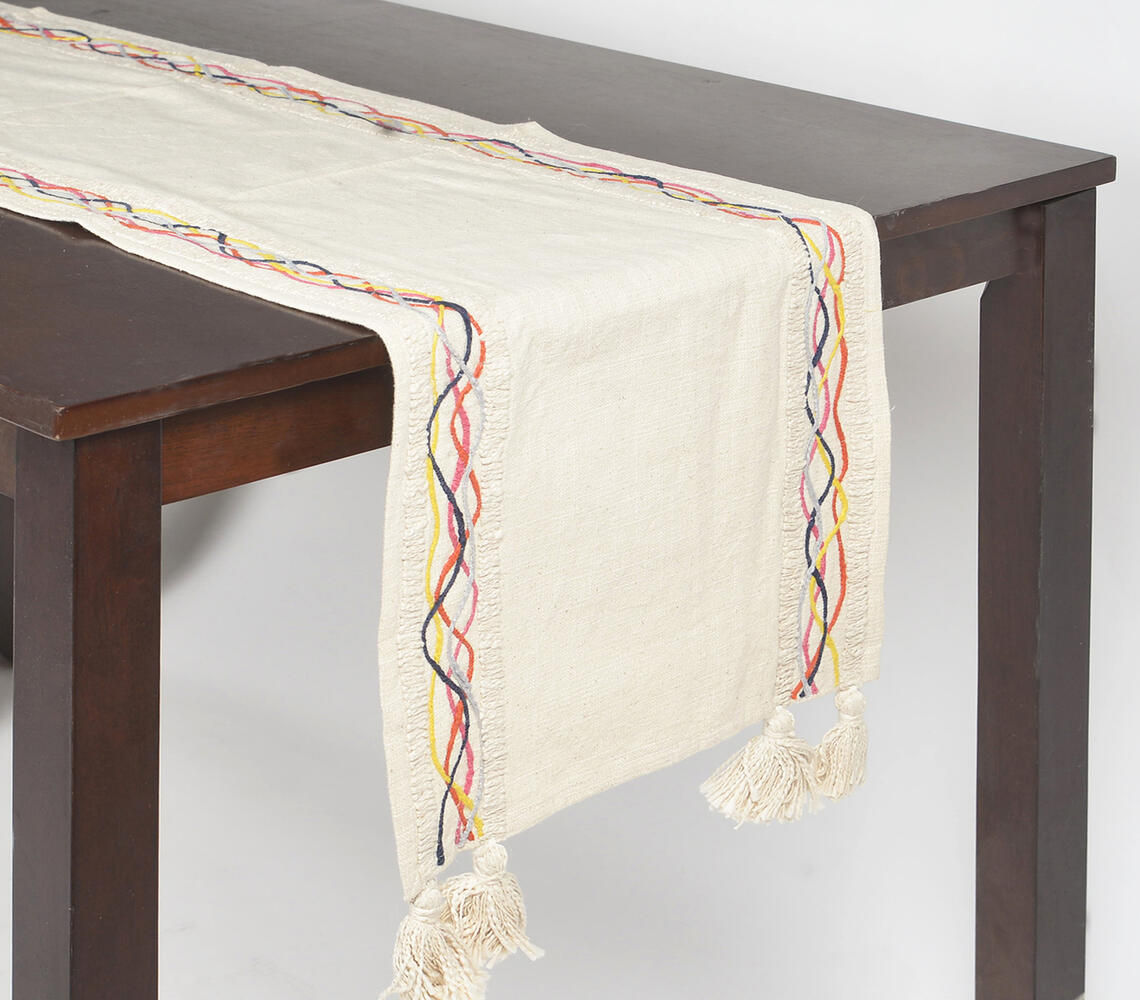 Twined Swirls & Tasseled Cotton Table Runner