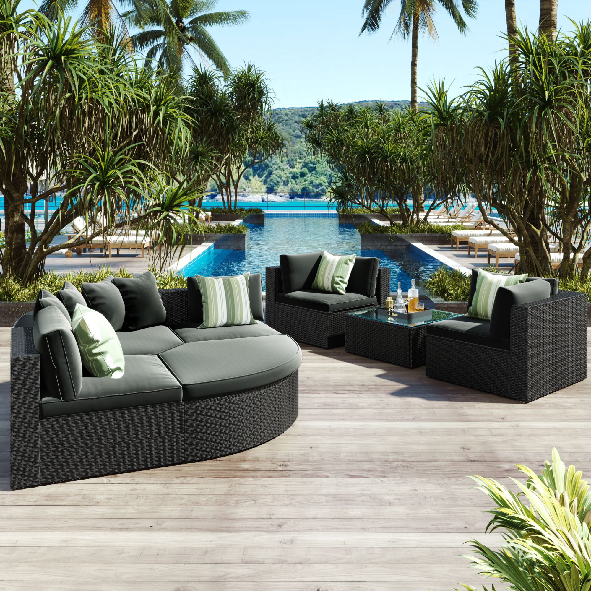 GO 7-piece Outdoor Wicker Sofa Set, Rattan Lounger, With Striped Green Pillows