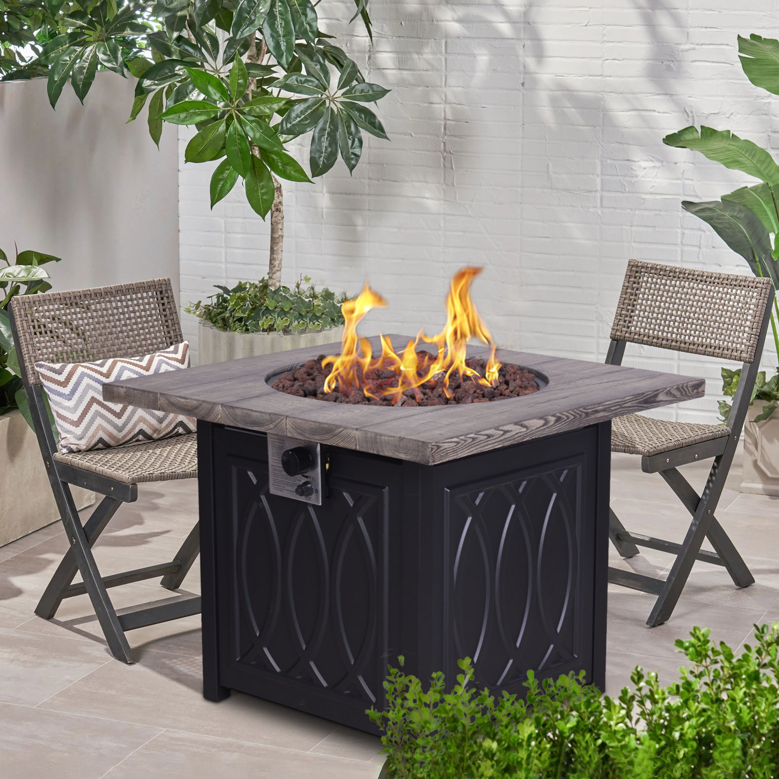 Faux Woodgrain Table top And Steel Base Propane Outdoor Fire Pit
