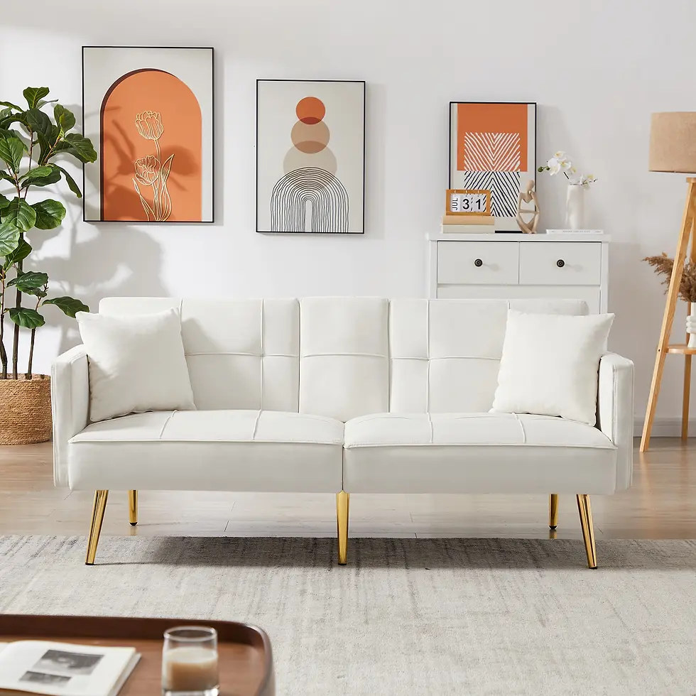 Thumbnail: Cream White Velvet Futon Sofa Bed with Gold Metal Legs