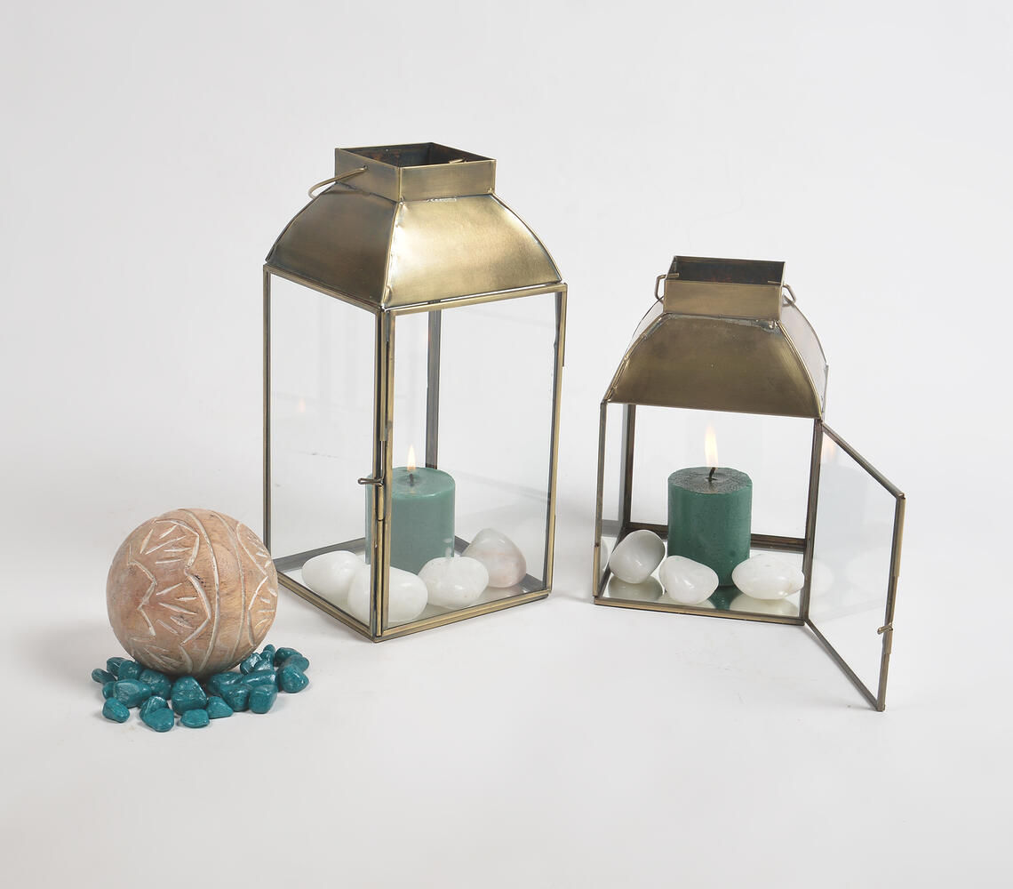 Handmade Iron & Glass Cuboidal Lantern (Set of 2)