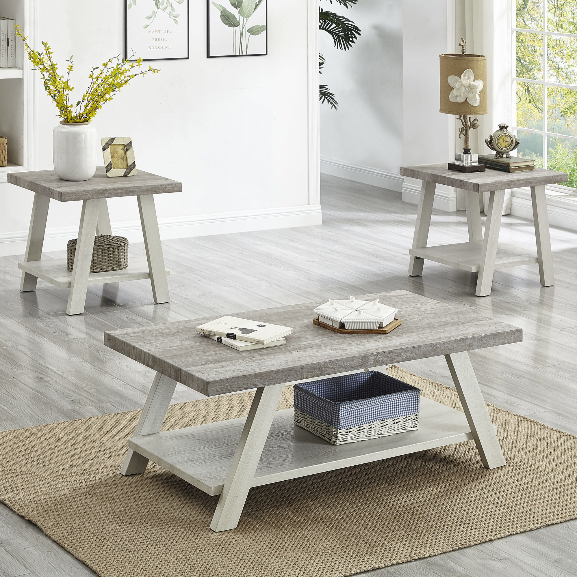 Athens Contemporary 3-Piece Coffee Table Set in Weathered Gray and Beige