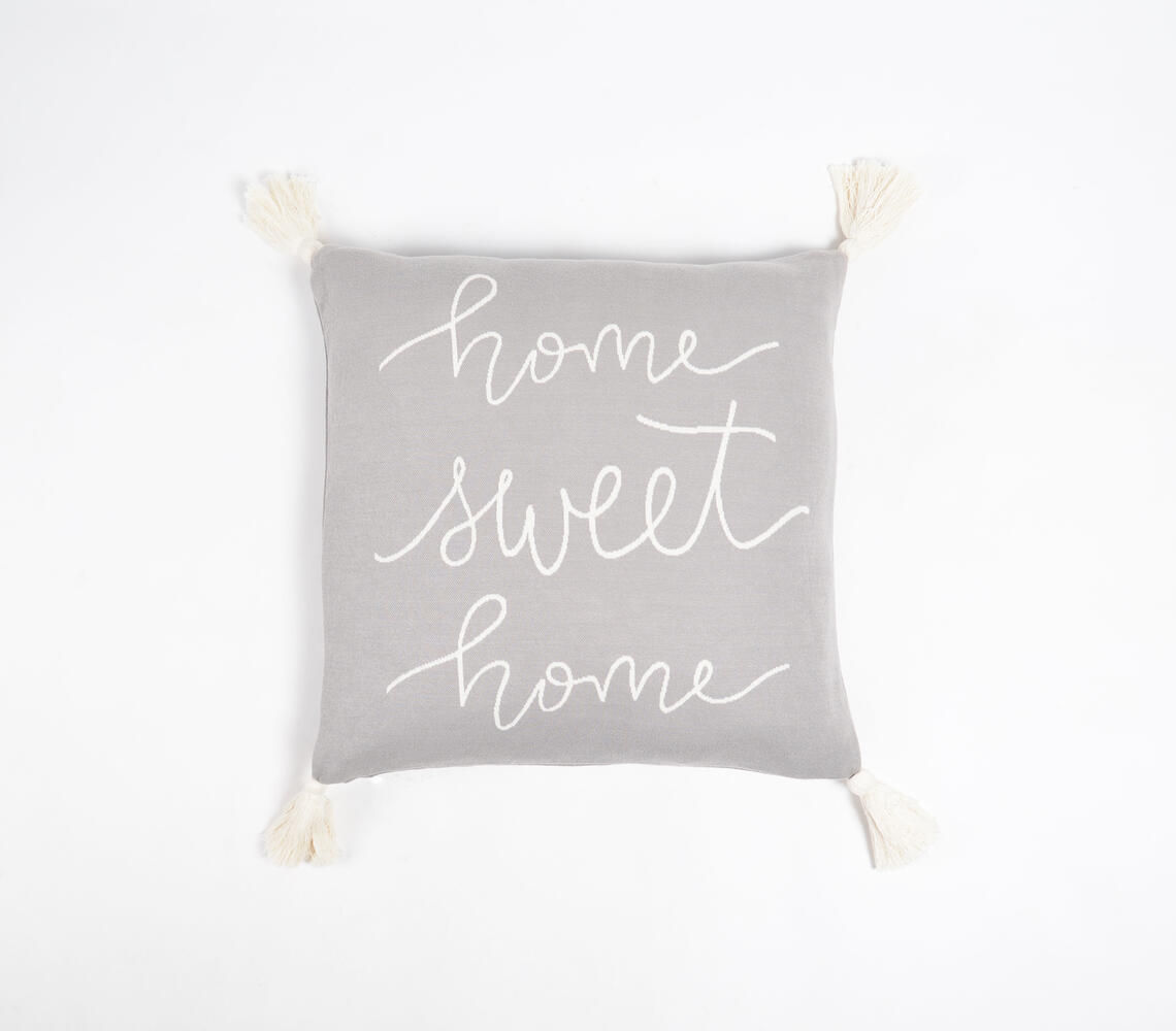 Knitted Cotton Grey 'Home Sweet Home' Tasseled Cushion Cover