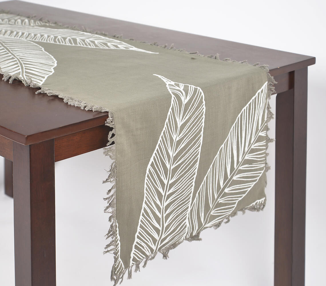 Leafy Tropical Table Runner with Frayed Border