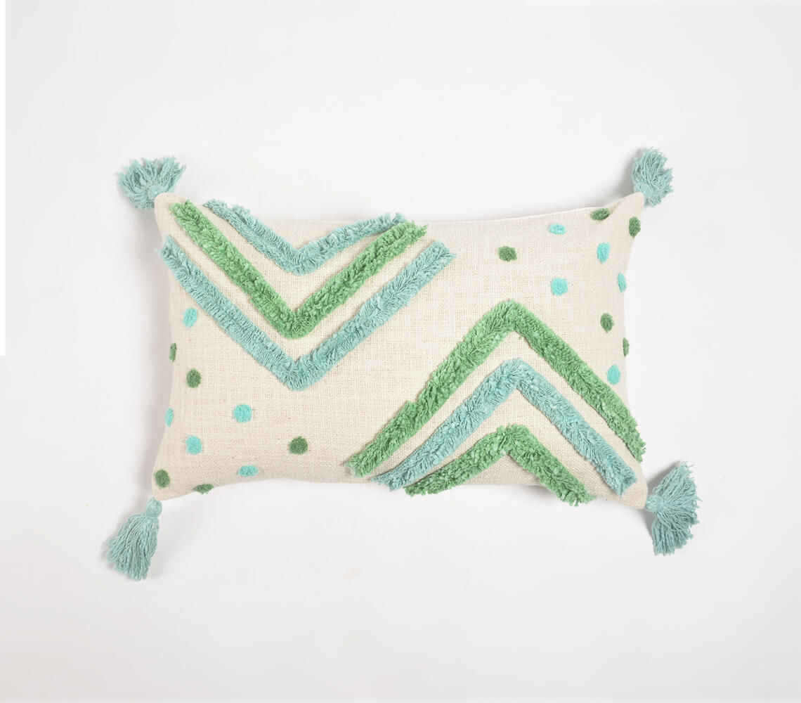 Handwoven Cotton Shaggy Tufted Blue & Green Cushion Cover
