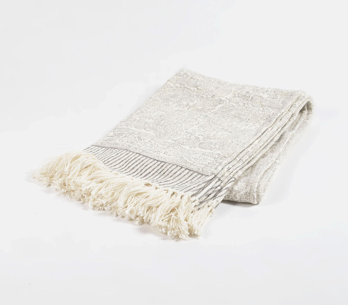 Neutral Block Printed & Tasseled Throw