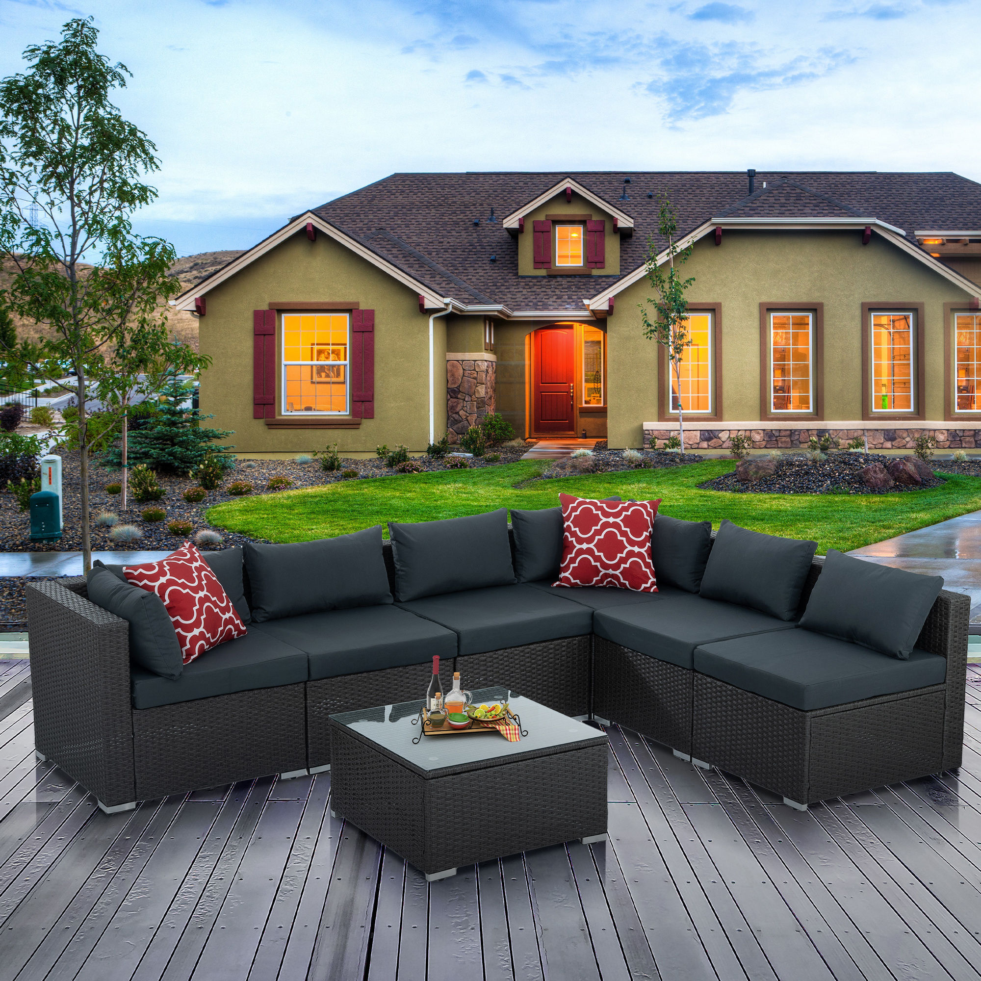 7 Set Wicker Furniture With Tempered Glass Coffee Table