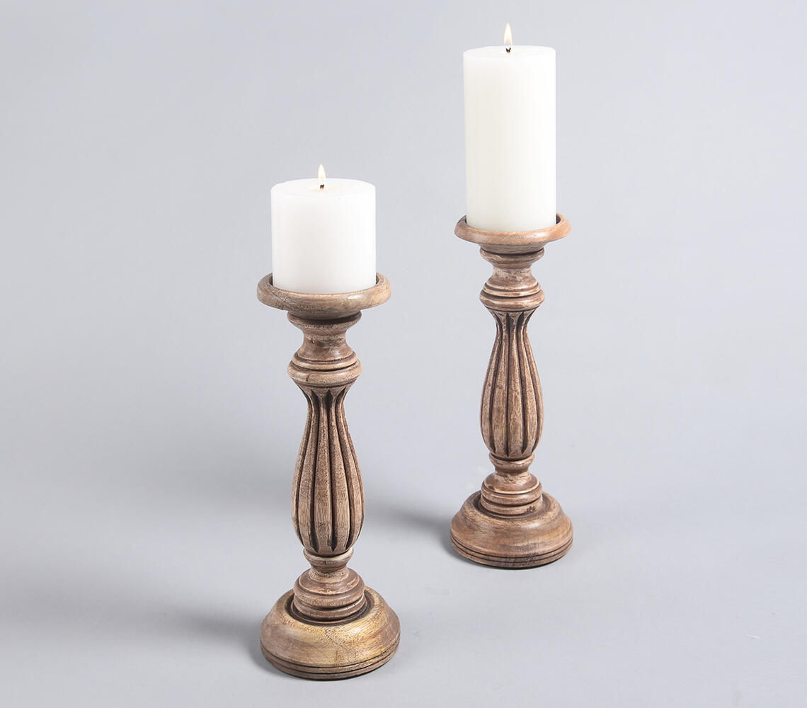 Carved Mango Wood Vintage Candle Stands (set of 2)