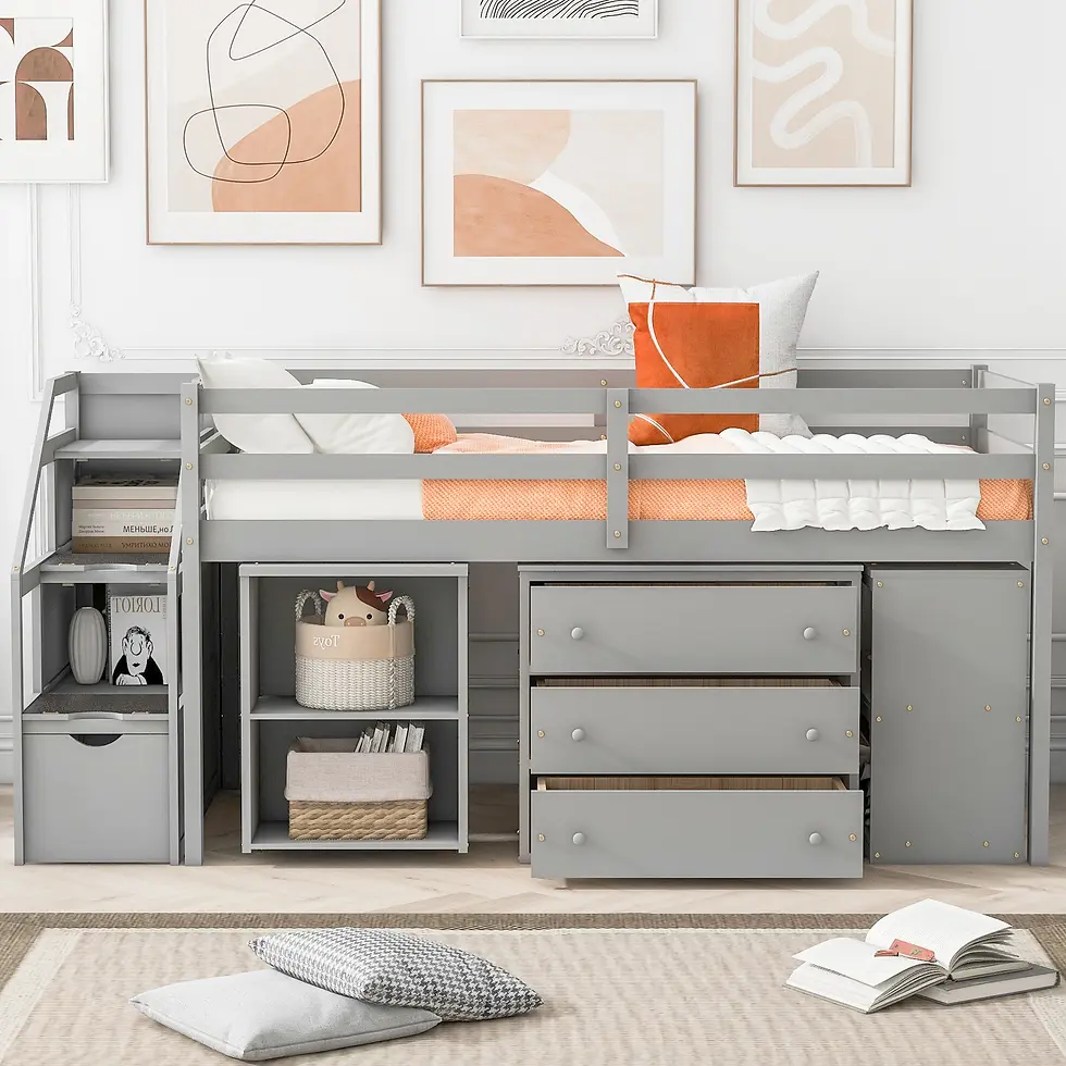 Thumbnail: Twin Size Loft Bed with Retractable Writing Desk and 3 Drawers, Gray