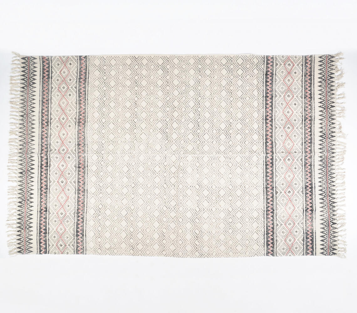 Diamond Block Printed & Pastel Embroidered Cotton Rug