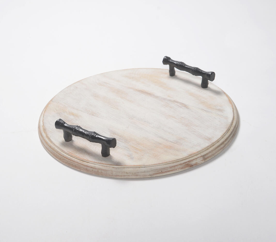 Ivory Distressed Wooden Serving Board with Metallic Handles