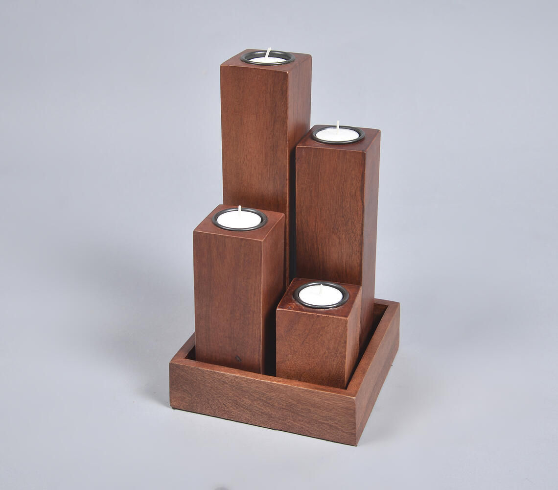 Hand Cut Mango Wood Candle Holders & Tray Set