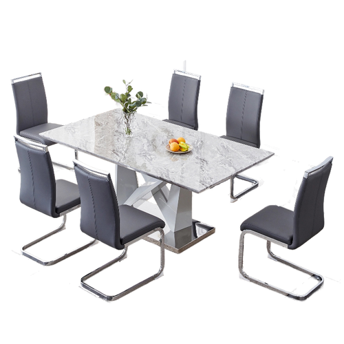 Modern Grey MDF Faux Marble Dining Table with Double V-Shaped Supports ...