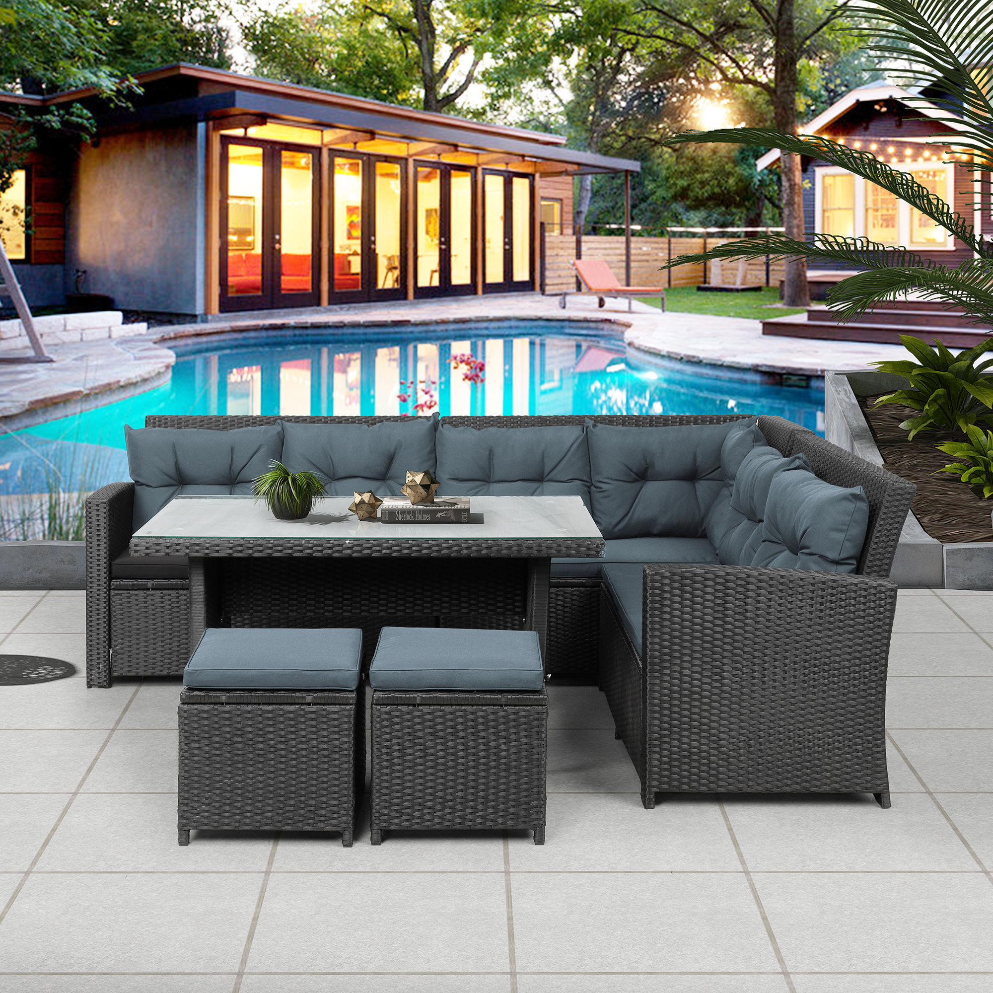TOPMAX 6-Piece Patio Furniture Set Outdoor Sectional Sofa with Glass Table