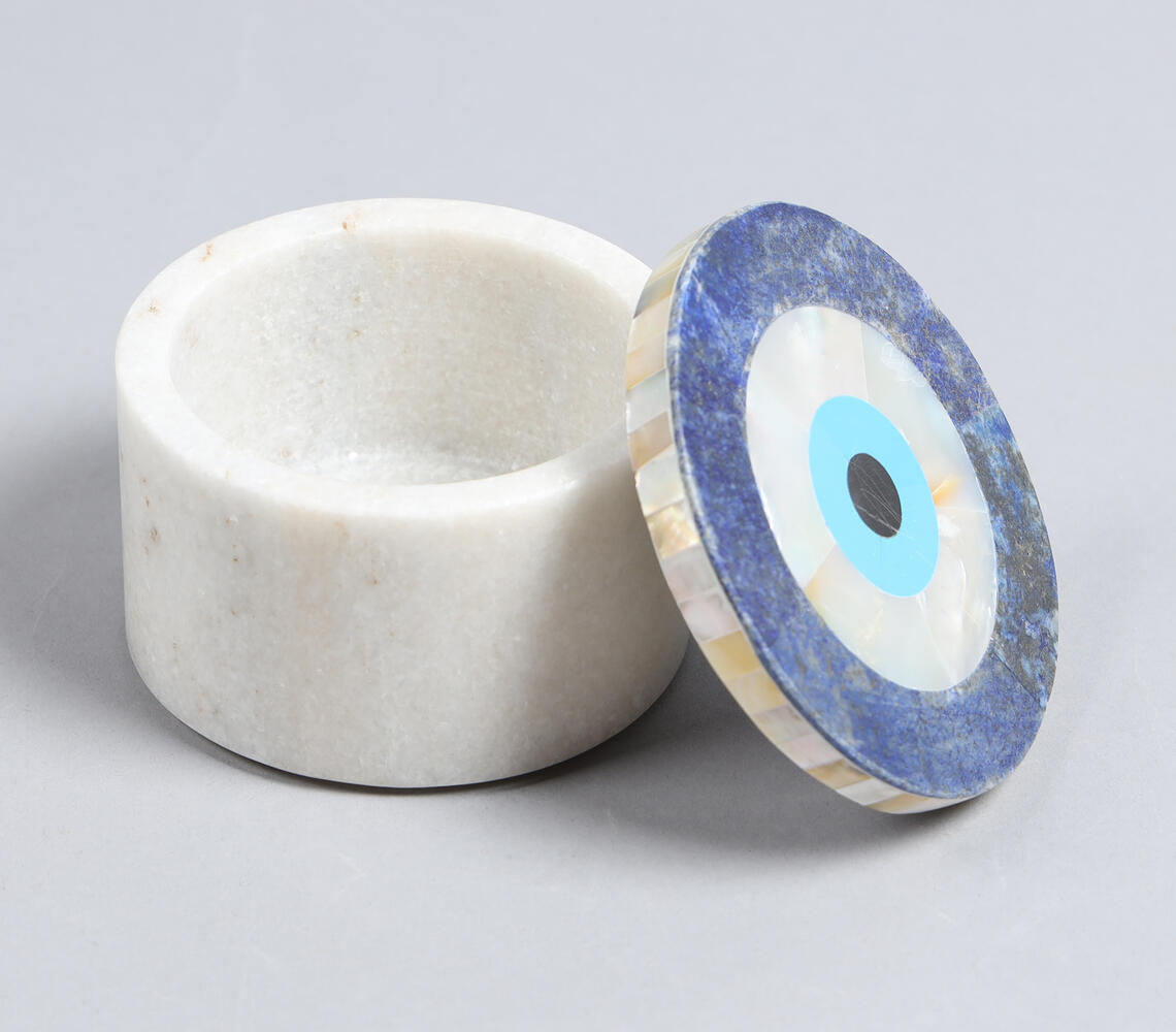 Semi-Precious Stones Evil-Eye Inlay Round Marble Box