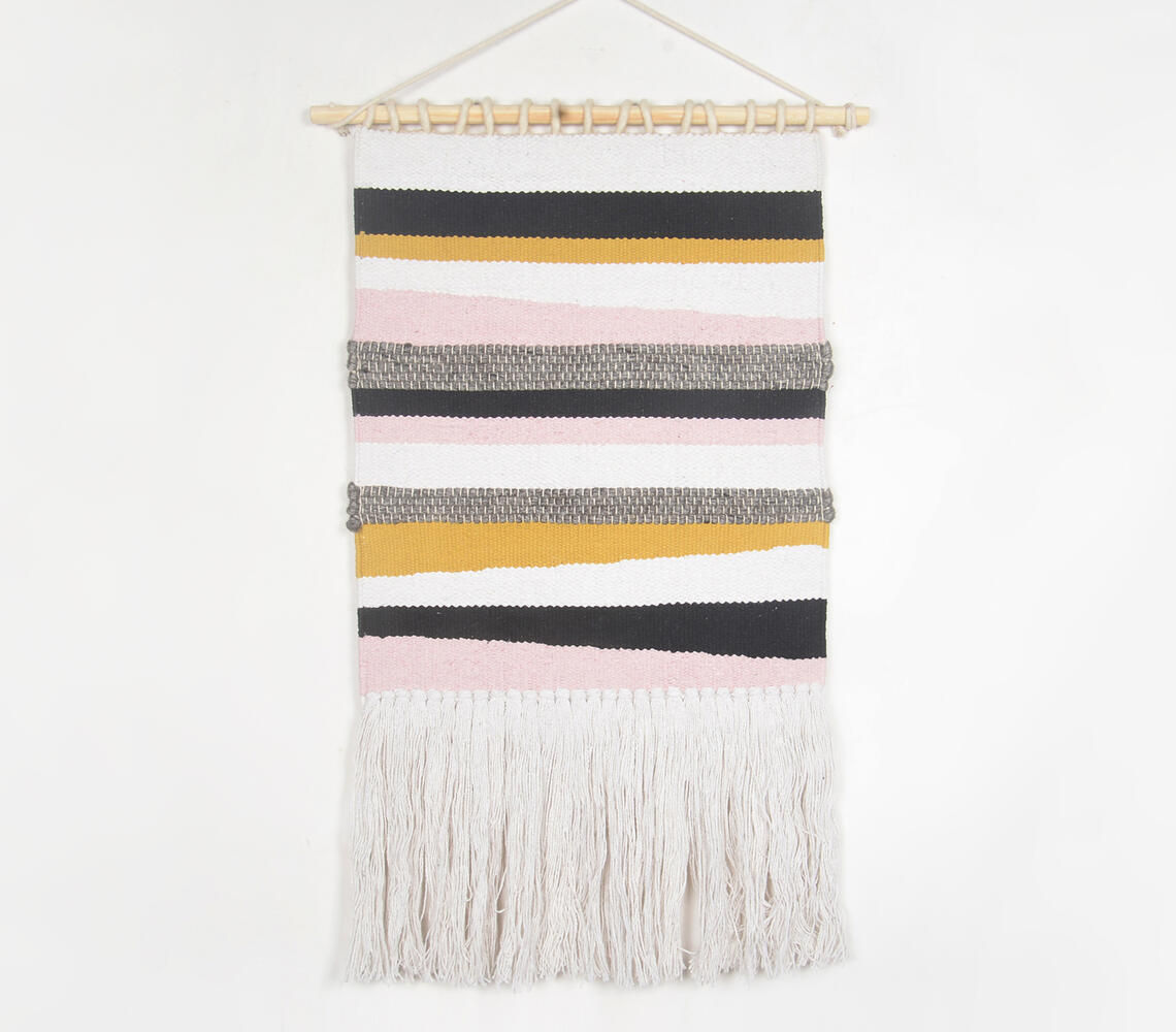 Slant Striped & Fringed Cotton Wall Hanging