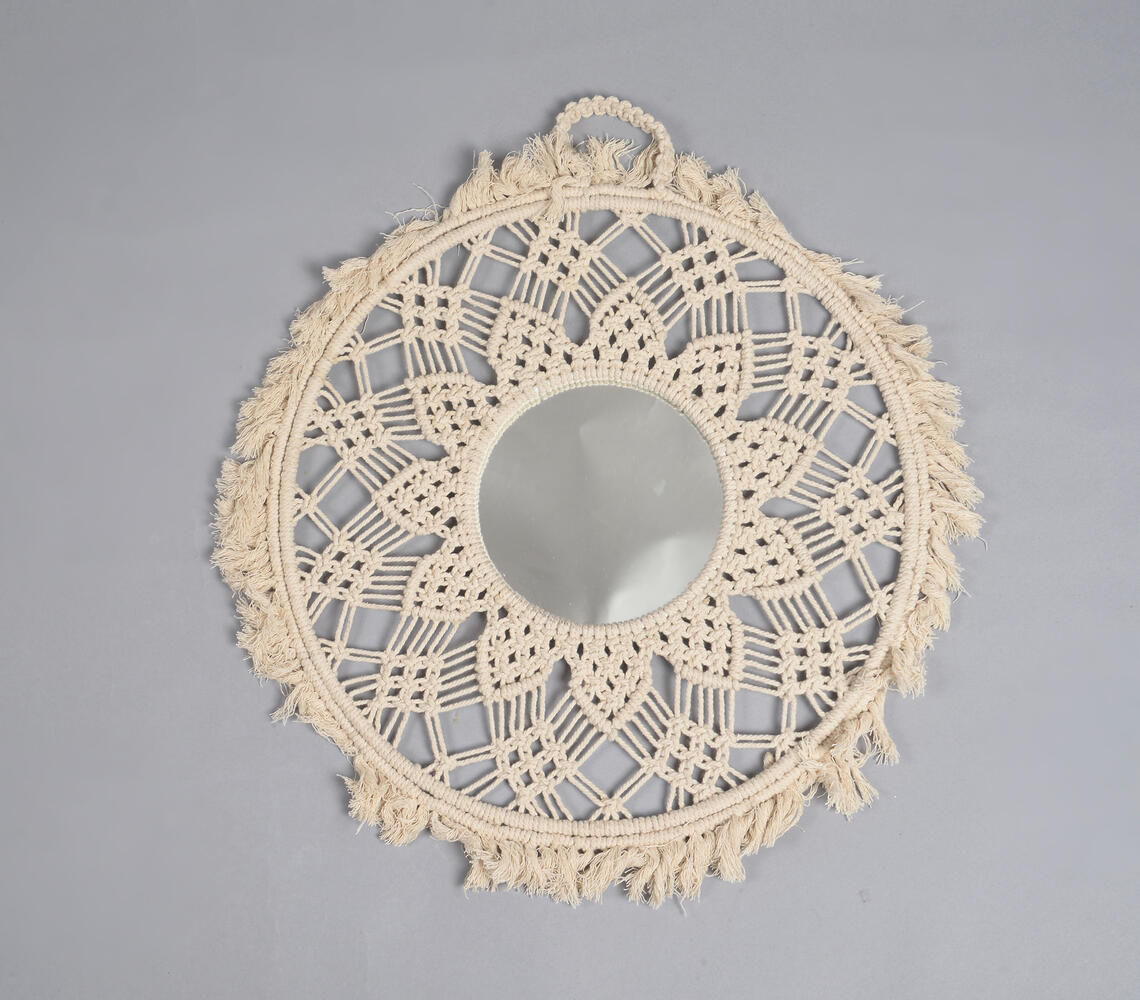 Boho Neutral-toned Macrame Round Wall Mirror