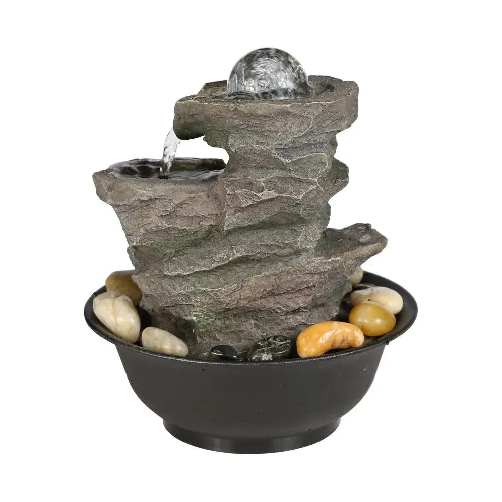 9.84inches Cascading Resin-Rock Falls Tabletop Water Fountain with LED Lights