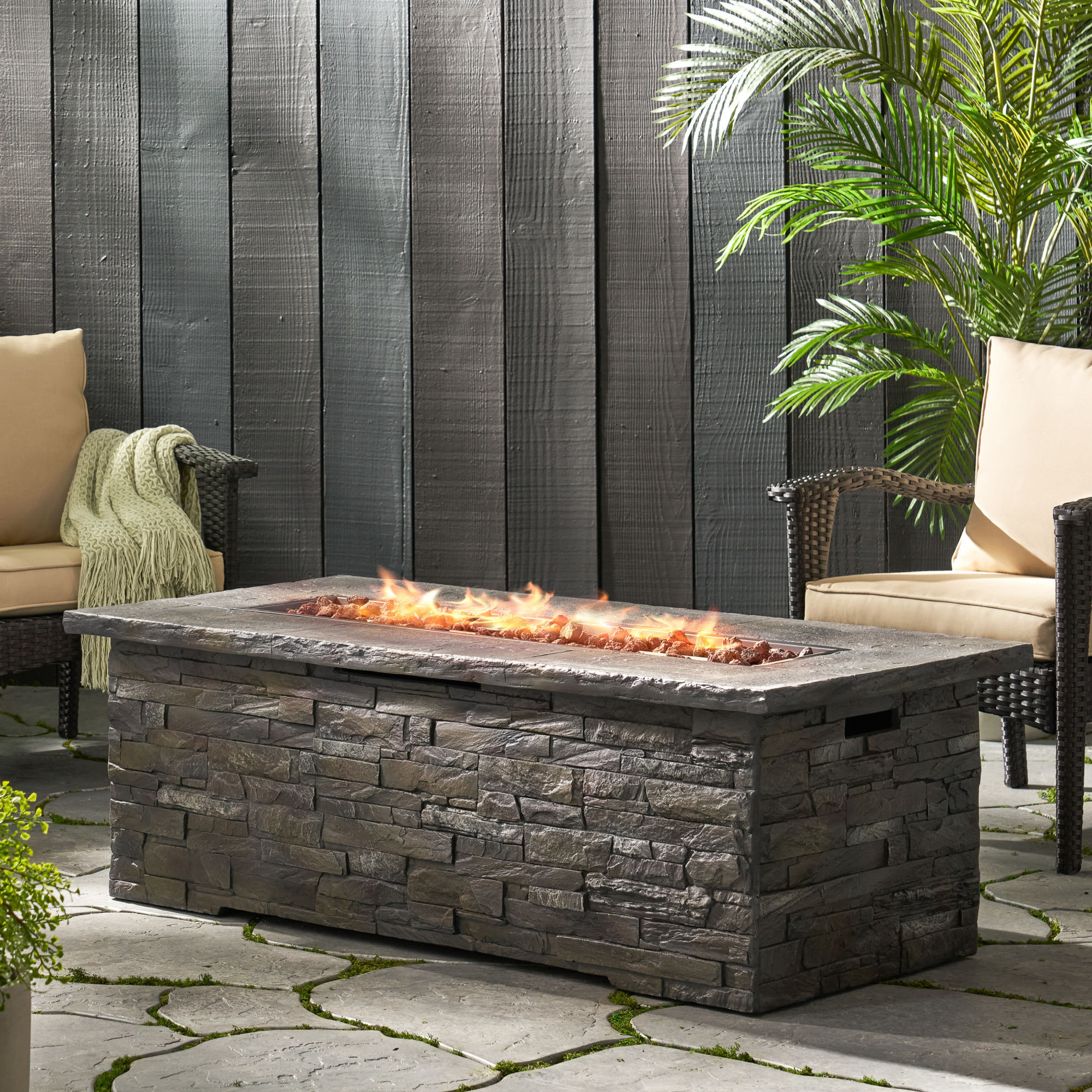 Outdoor Patio Concrete Fire table, Rectangle Gas Burning 56-Inch Fire Pit