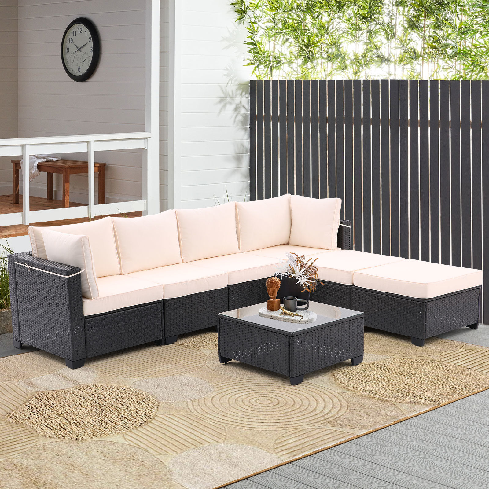 7 Pieces Outdoor Patio Furniture Set, Sectional Conversation Sofa, Coffee+Beige