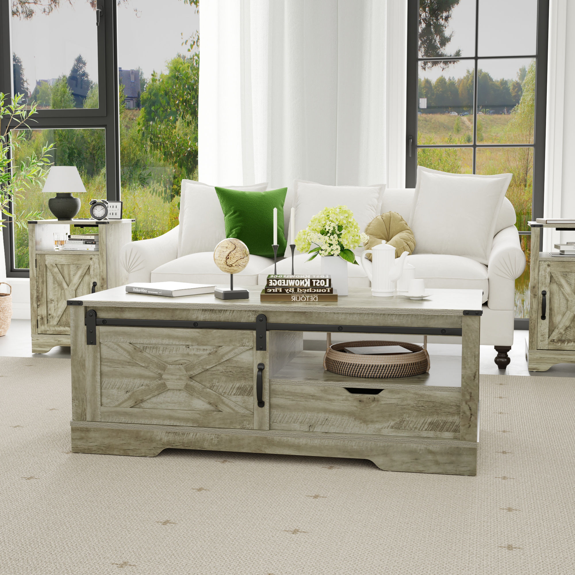 Farmhouse Sliding Barn Door Coffee Table - Light Gray