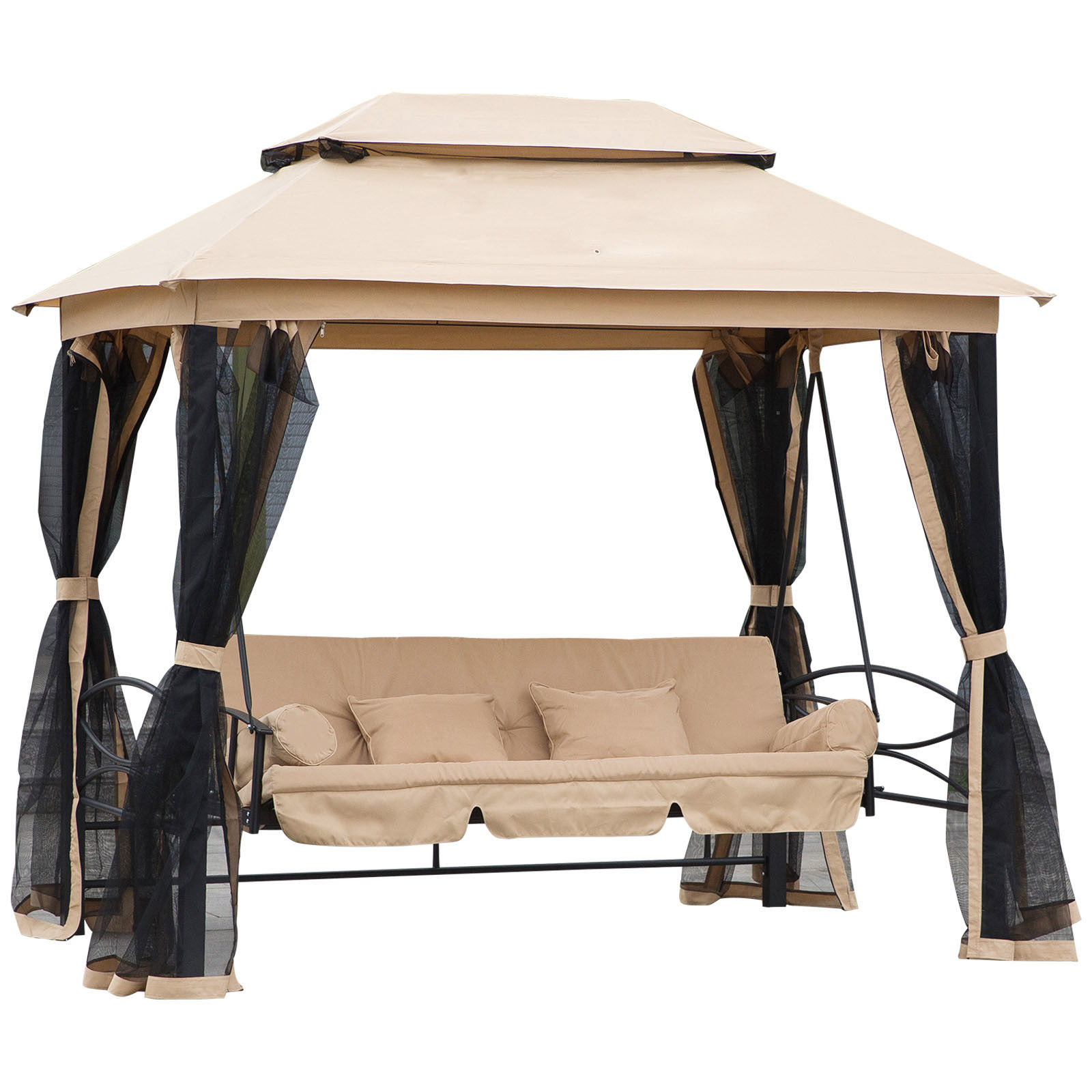 3-Seat Patio Swing Chair, Outdoor Gazebo Swing with Double Tier Canopy