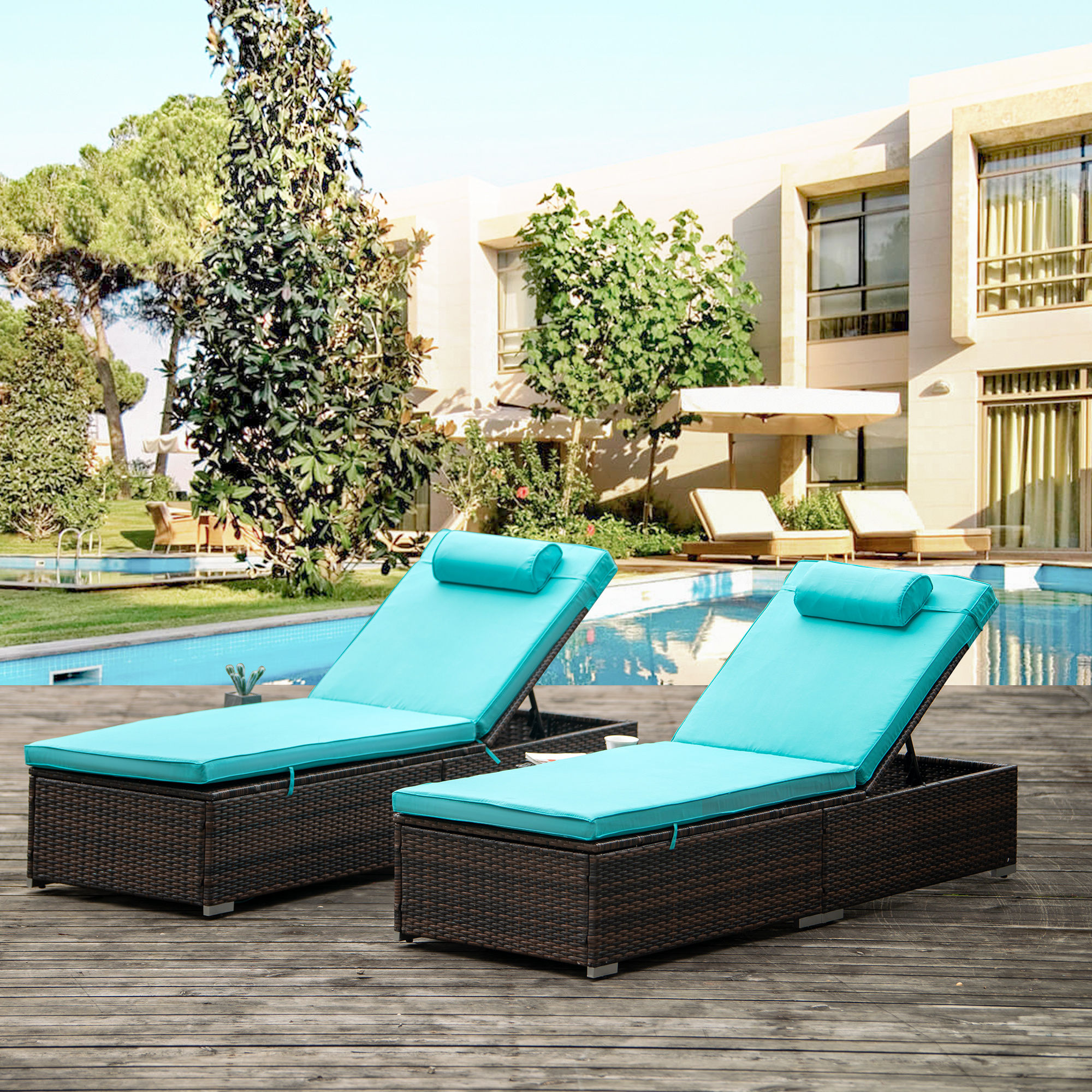 Outdoor PE Wicker Chaise Lounge - 2 Piece Patio Lounge Chair