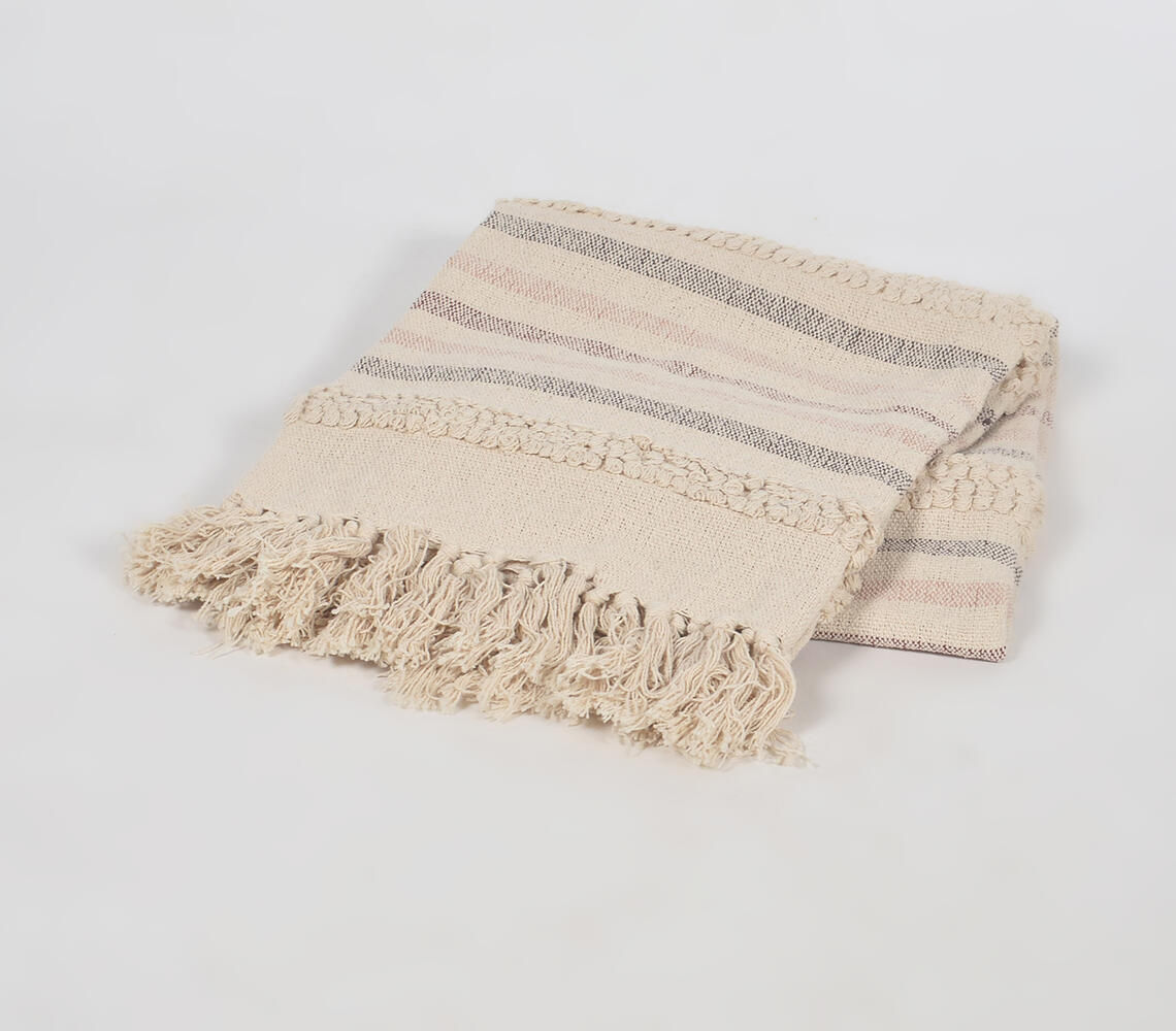 Handwoven Neutral Striped Cotton Tasseled Throw