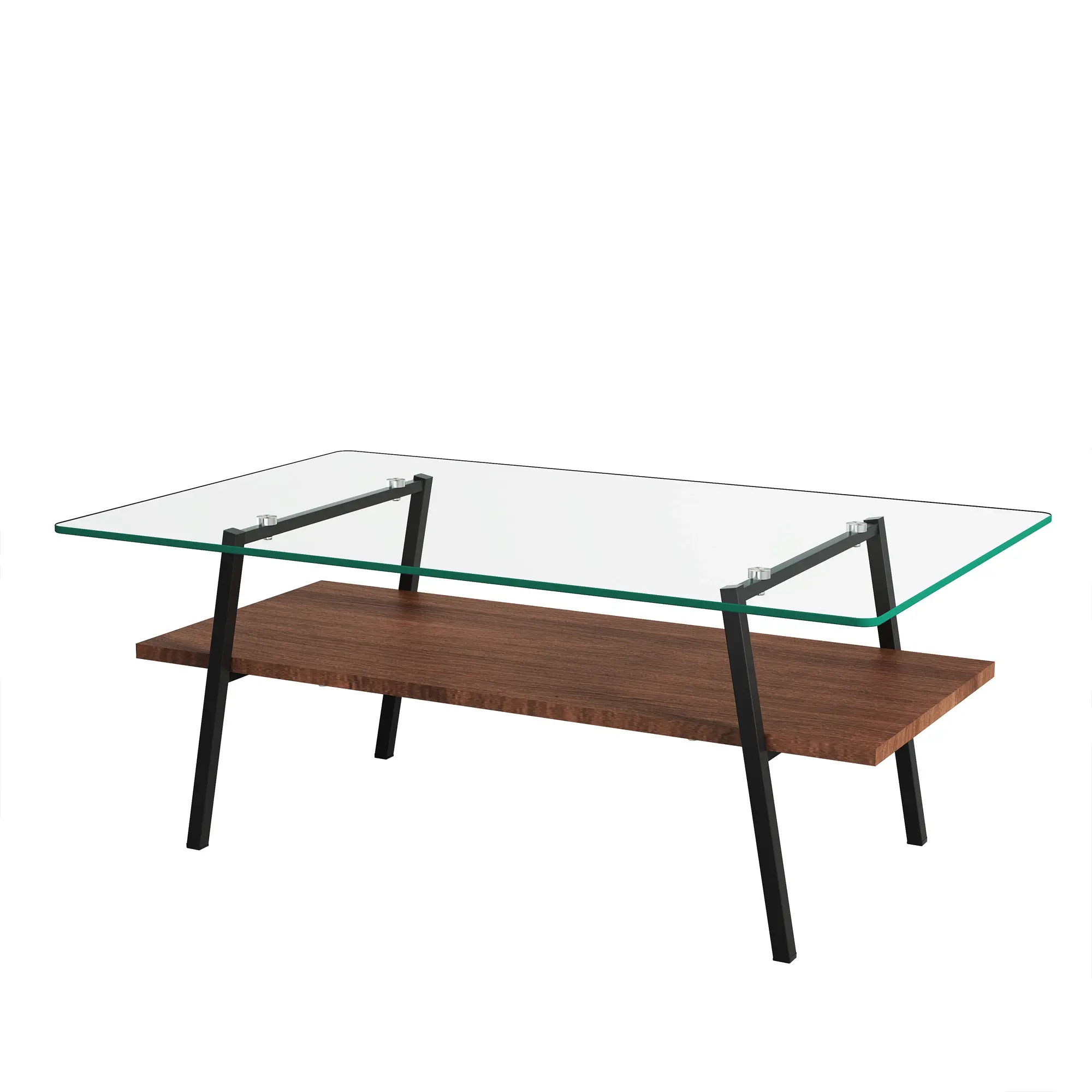 Rectangle Coffee Table, Tempered Glass Tabletop with Black Metal Legs