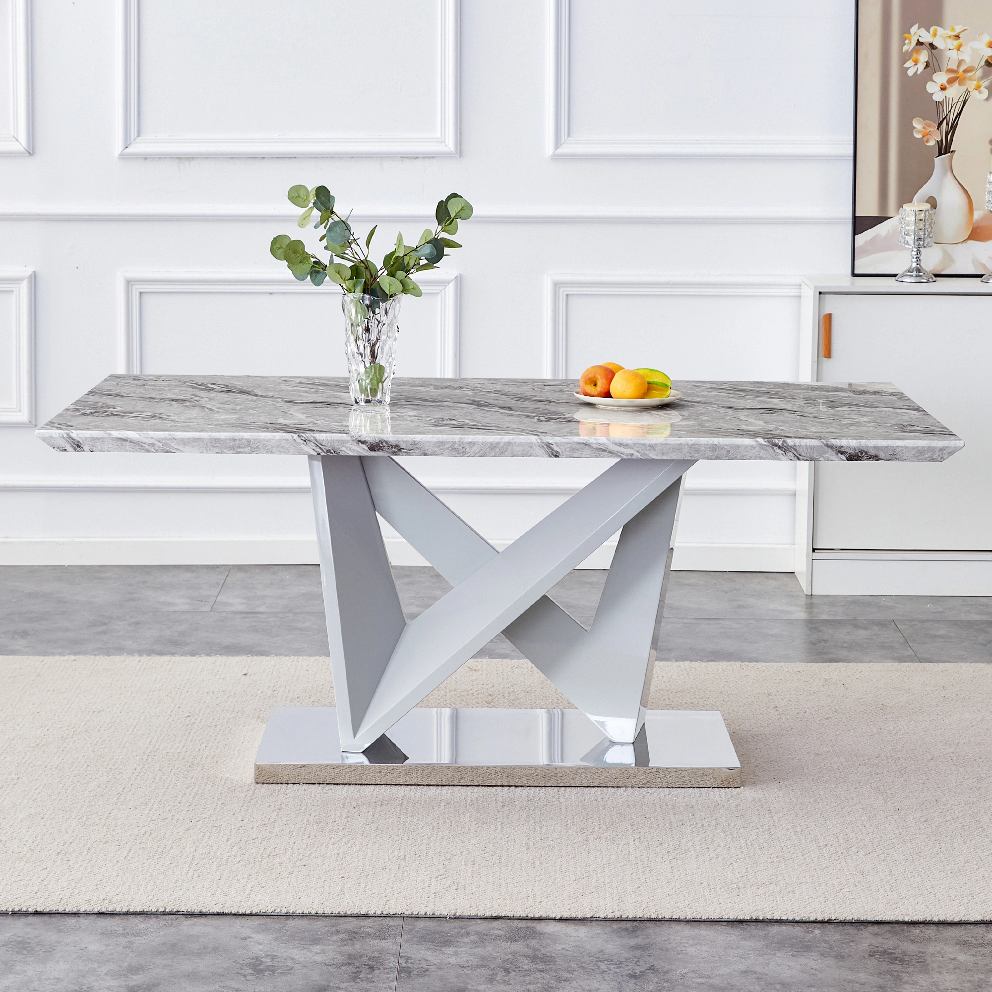 Modern Grey MDF Faux Marble Dining Table with White Double V-Shaped ...