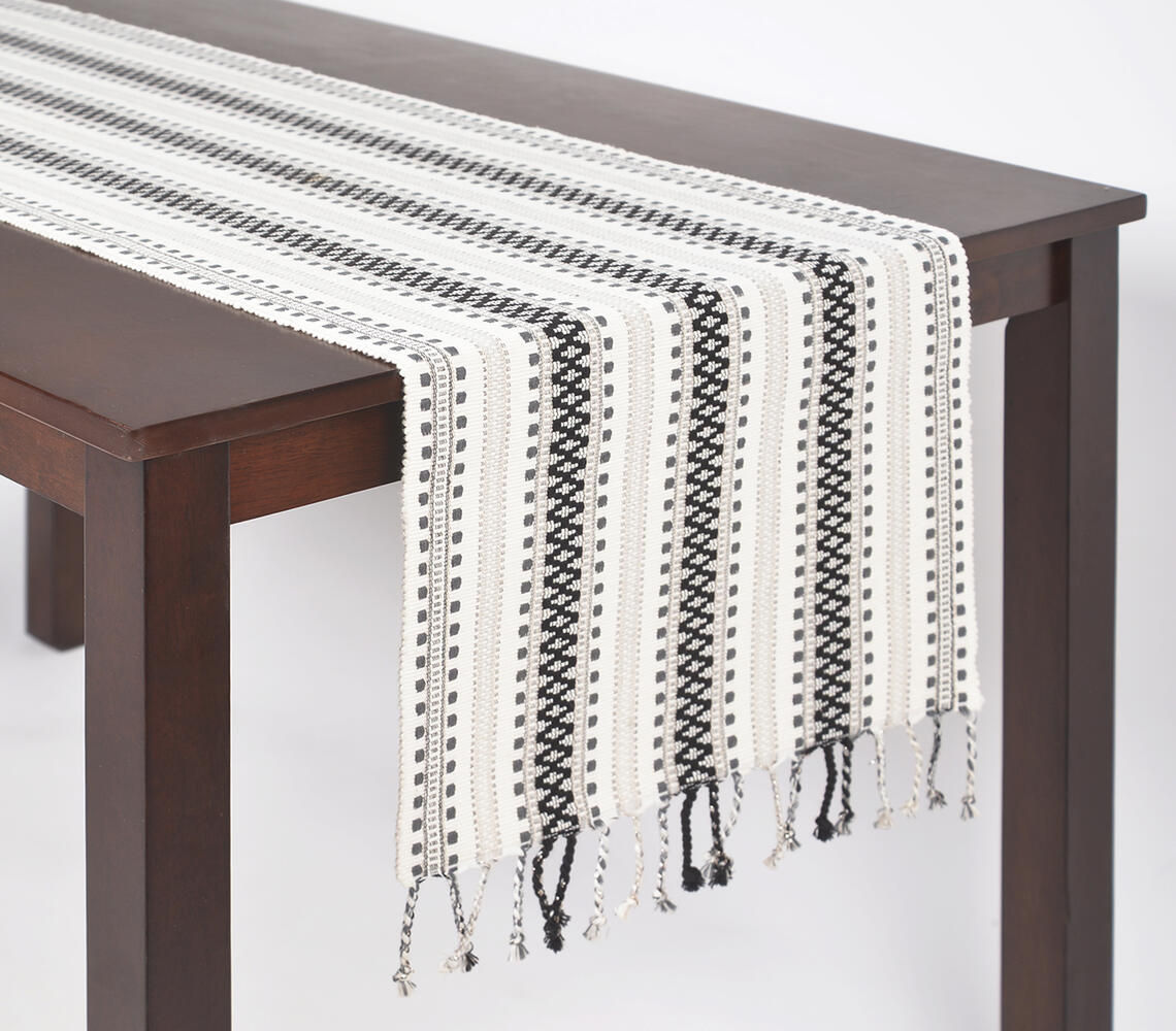 Yarn-Dyed Cotton Panelled Table Runner with Braided Tassels
