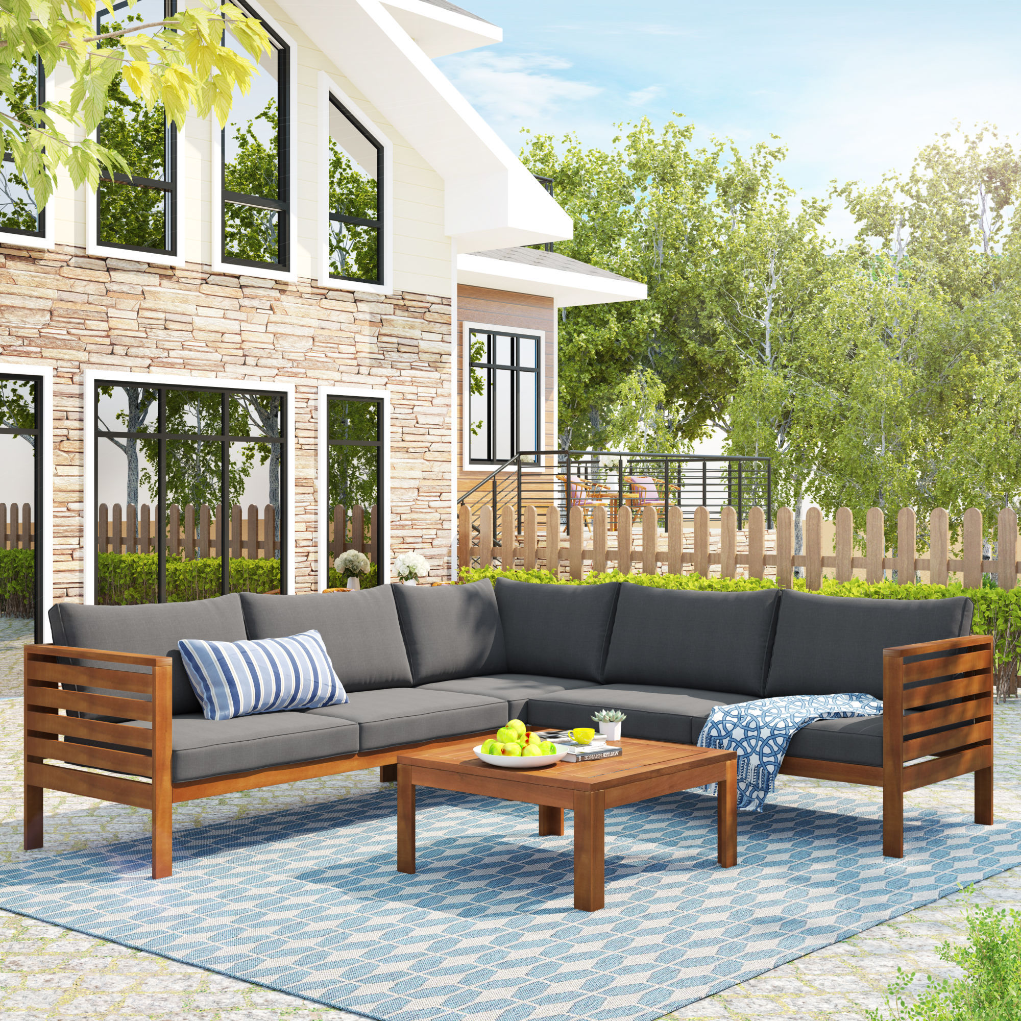 GO Wood Structure Outdoor Sofa Set with Gray Cushions Exotic Design
