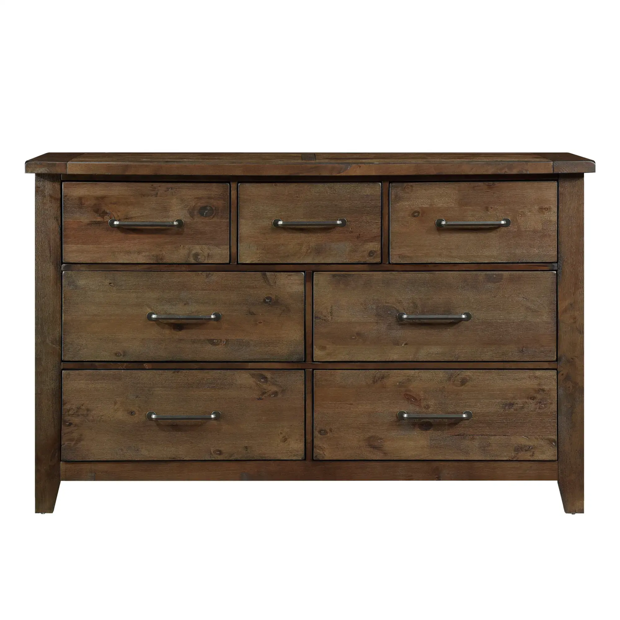 Classic Burnished Brown Dresser 1pc Solid Rubberwood 7 Drawers