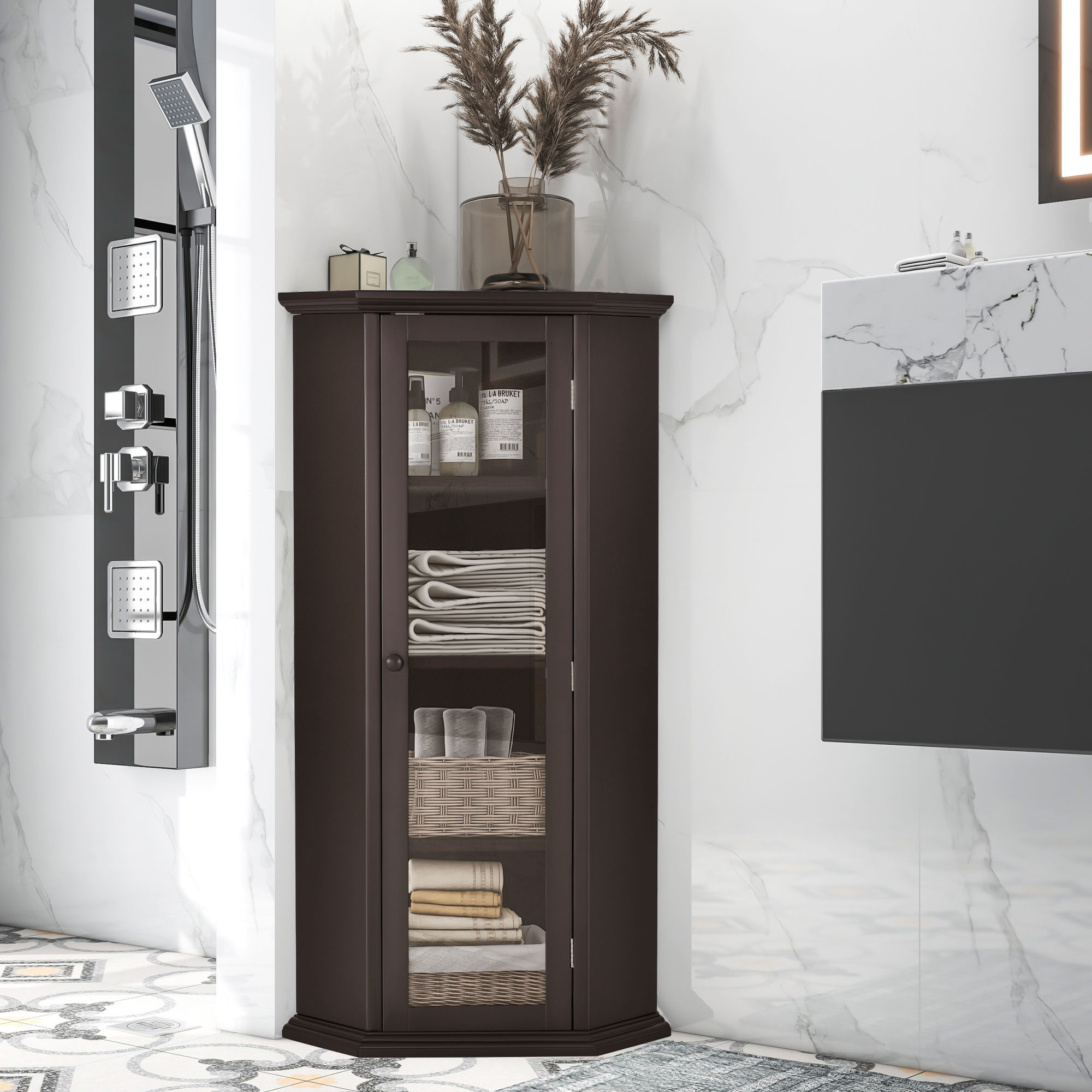 Freestanding Bathroom Cabinet with Glass Door, Corner Storage Cabinet