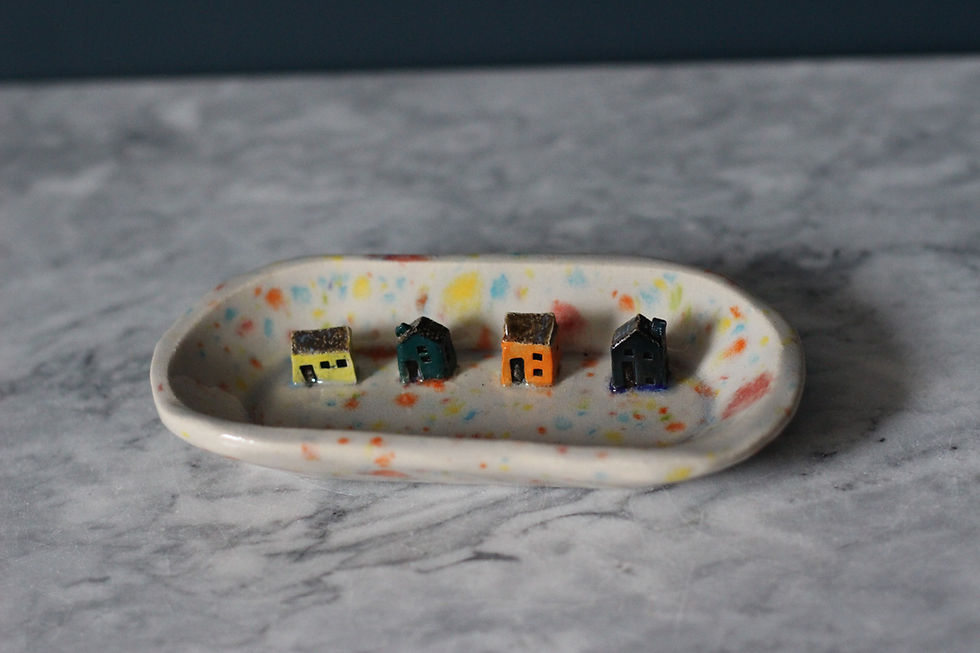 Thumbnail: Miniature houses trinket dish stoneware pottery