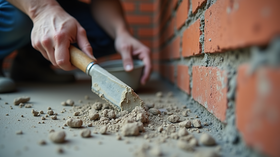 Eye-level view of bricklayer applying mortar to brick wall