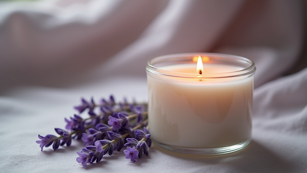 Close-up view of a soy wax candle with lavender sprigs