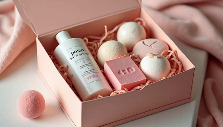 High angle view of customized pampering gift set with bath bombs, natural soap, and skincare products in a decorative box