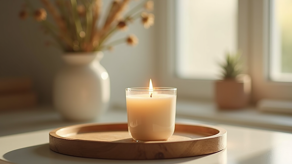 Eye-level view of a luxury scented candle and lotion set on a wooden tray