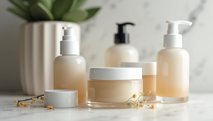 Close-up of natural luxury skincare products with botanical ingredients on a marble surface